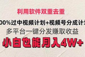 利用软件双重去重，100%过中视频+视频号分成计划小白也可以月入4W+