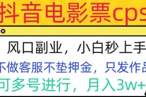 抖音电影票cps，风口副业，不需做客服垫押金，操作简单，月入3w+