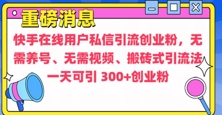 通过给快手在线用户私信引流创业粉，无需养号、无需视频、搬砖式引流法，一天可引300+创业粉插图