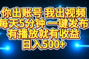 你出账号我出视频，每天5分钟，一键发布，有播放就有收益，日入500+