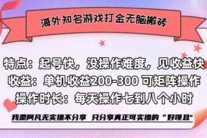 海外知名游戏打金无脑搬砖单机收益200-300+  即做！即赚！当天见收益！