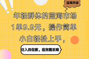 年轻群体的蓝海市场，1单9.9元，操作简单，小白轻松上手，日入四位数，送完整攻略