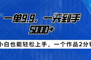 搭子项目，一单9.9，一天到手5000+，小白也能轻松上手，一个作品2分钟