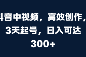 抖音中视频，高效创作，3天起号，日入可达300+