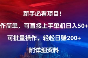 新手必看项目！操作简单，可直接上手，单机日入50+，可批量操作，轻松日赚200+，附详细资料